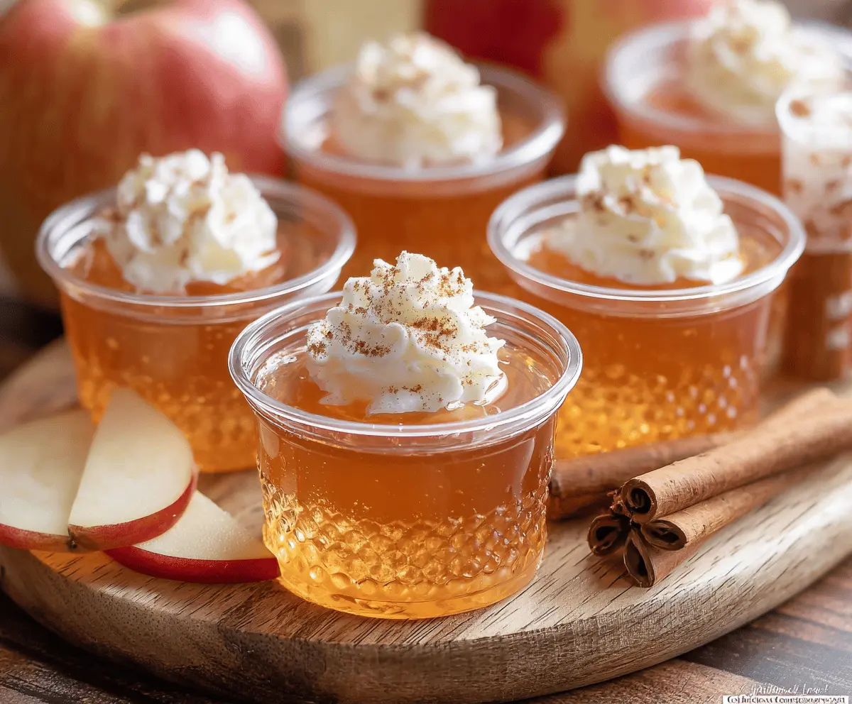 Delicious Apple Pie Jello Shots served in small cups with whipped cream and cinnamon for a festive dessert.