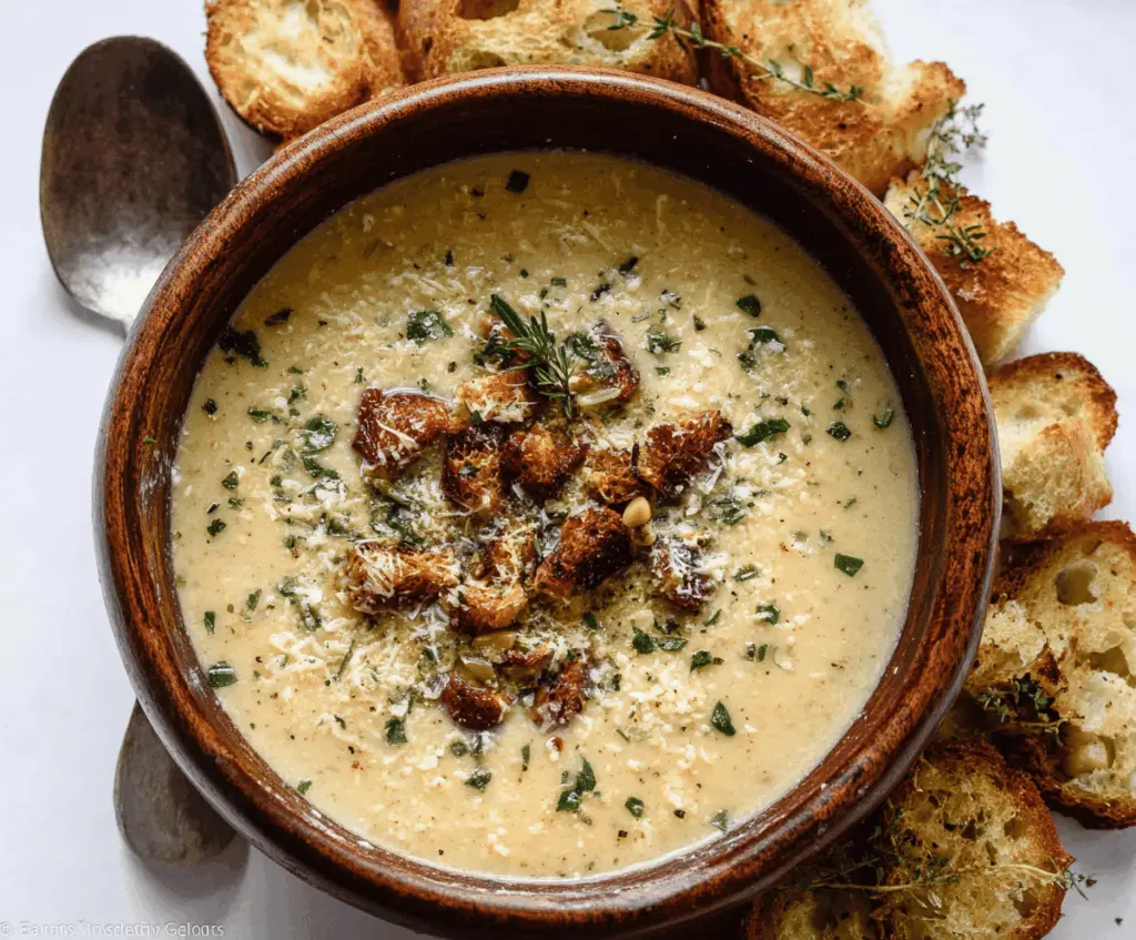 Creamy Italian garlic soup served in a rustic bowl with fresh herbs and crusty bread on the side, showcasing authentic Italian flavors.