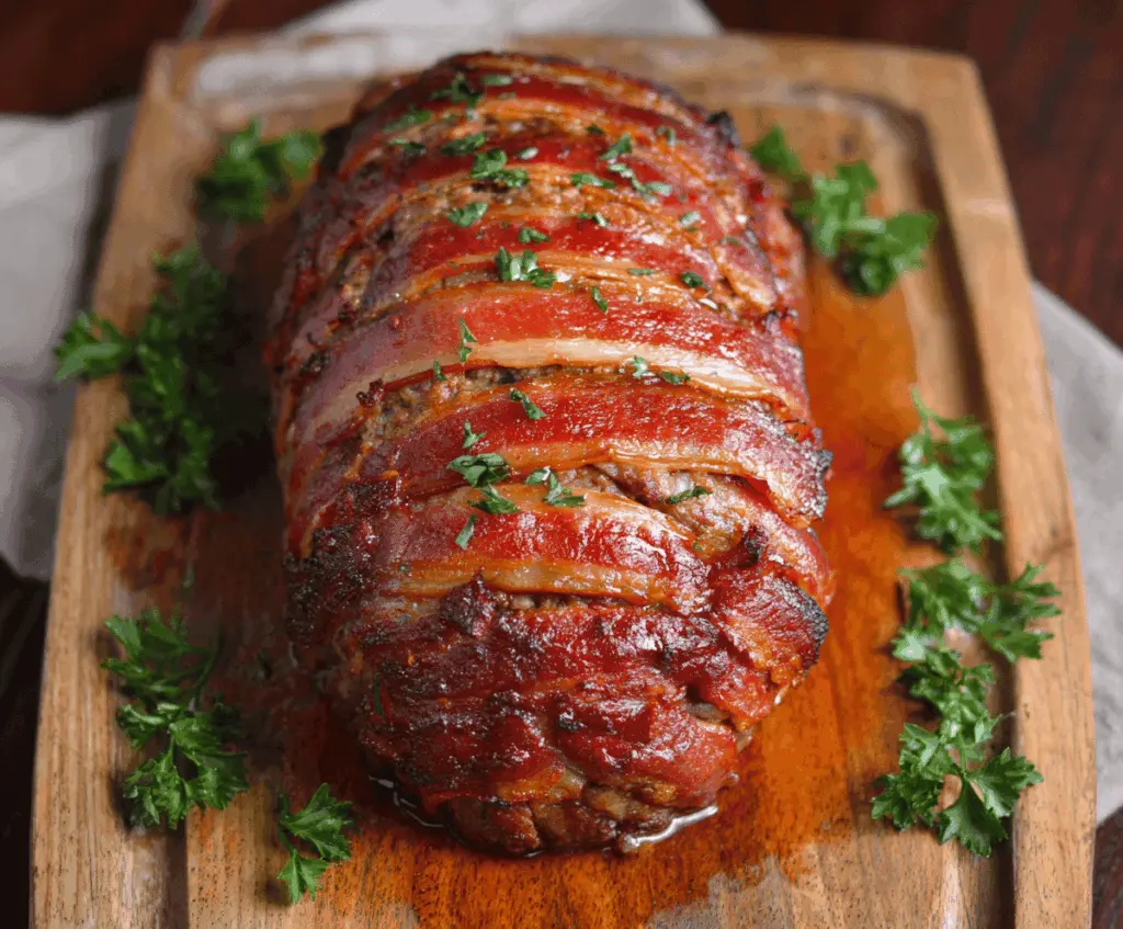 Delicious bacon-wrapped meatloaf served on a plate, garnished with fresh herbs.