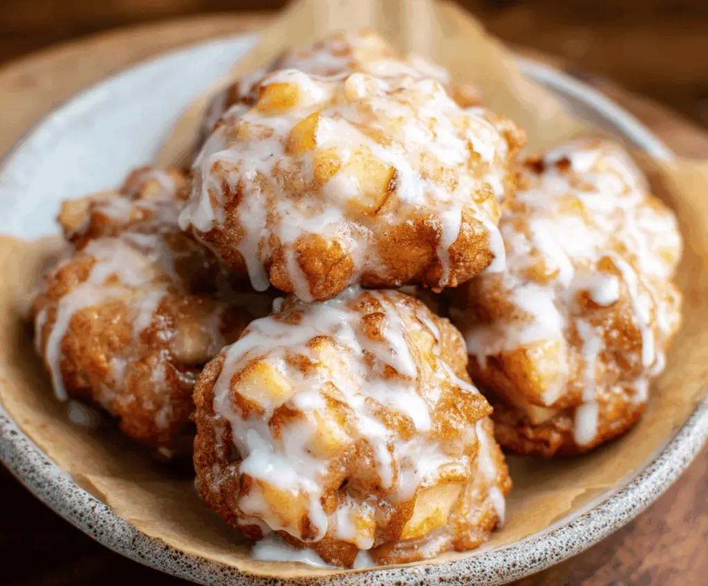 Delicious baked apple fritters topped with glossy glaze on a rustic plate, perfect for breakfast or dessert