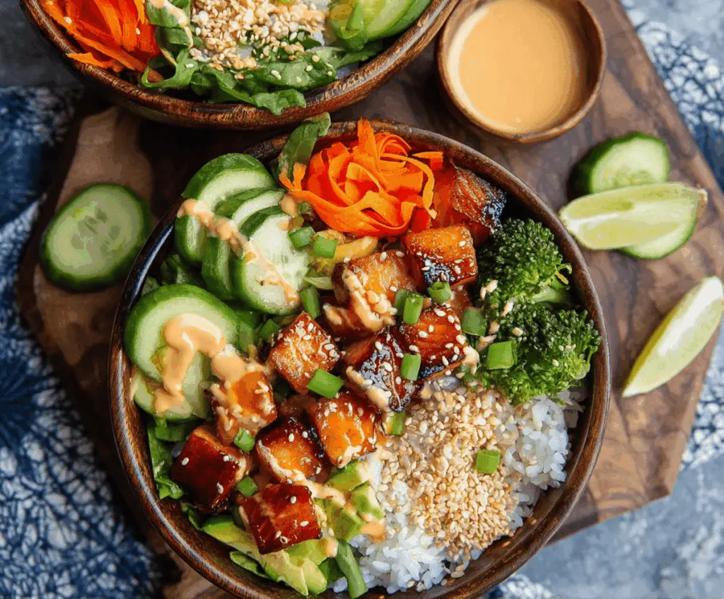 Delicious Bang Bang Salmon Bite Bowls with crispy salmon pieces, fresh vegetables, and spicy creamy sauce in a vibrant bowl