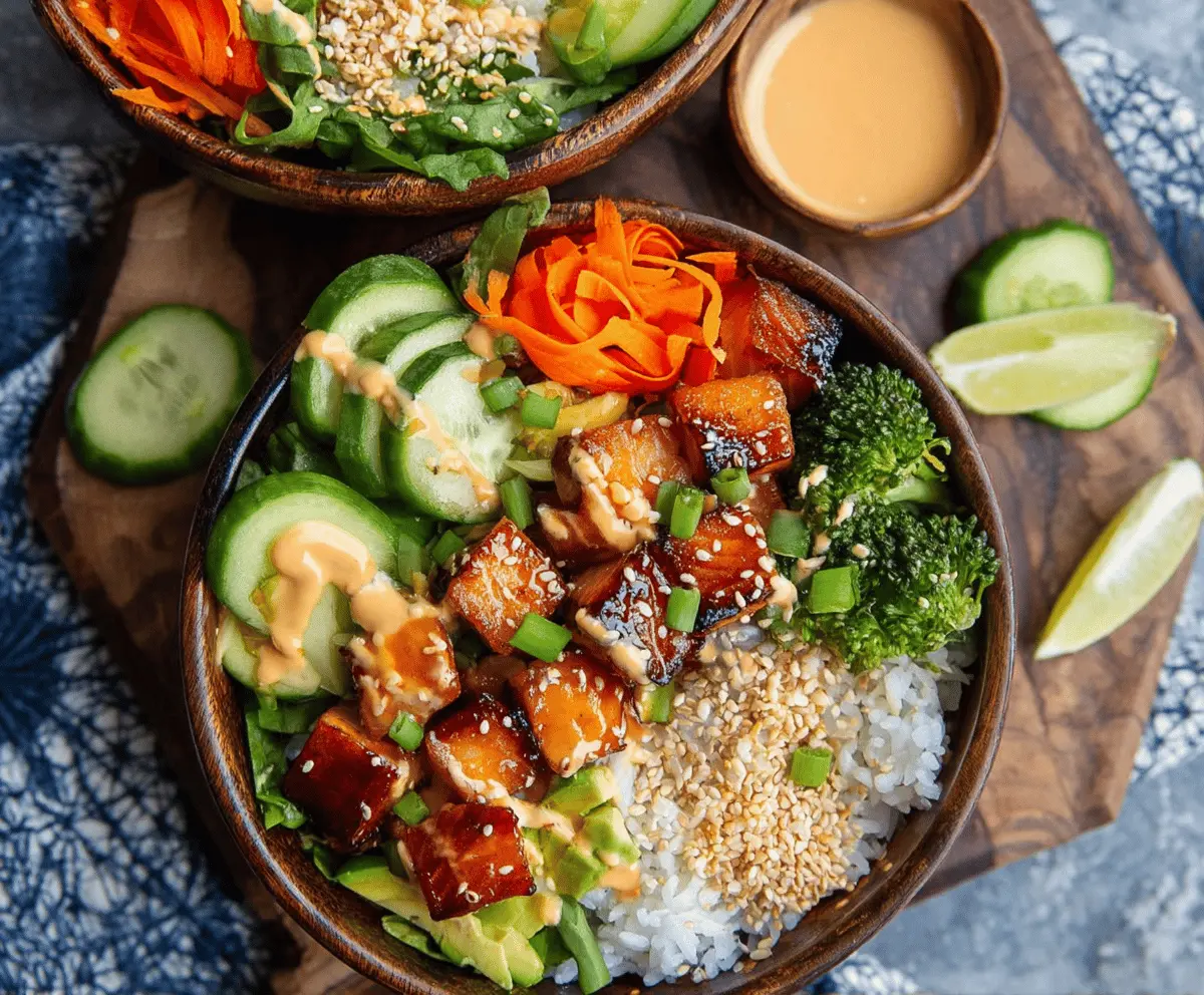 Delicious Bang Bang Salmon Bite Bowls with crispy salmon pieces, fresh vegetables, and spicy creamy sauce in a vibrant bowl