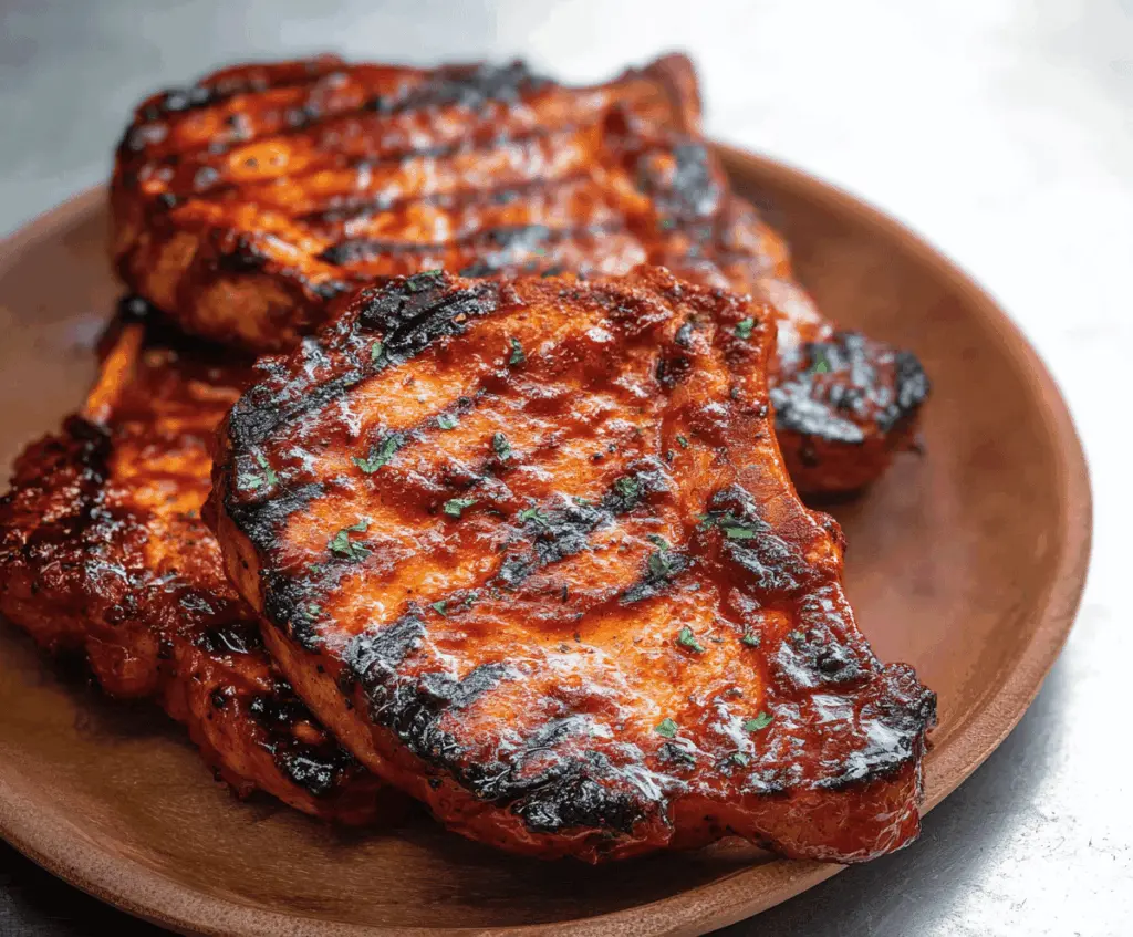 Juicy BBQ pork chops with grill marks served on a wooden platter, perfect for summer cookouts.