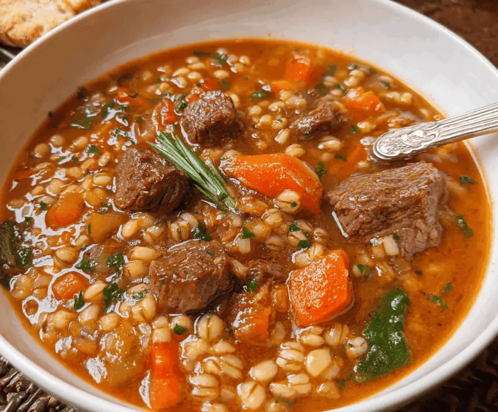 Hearty beef and barley soup with vegetables in a bowl, garnished with fresh herbs, served hot.
