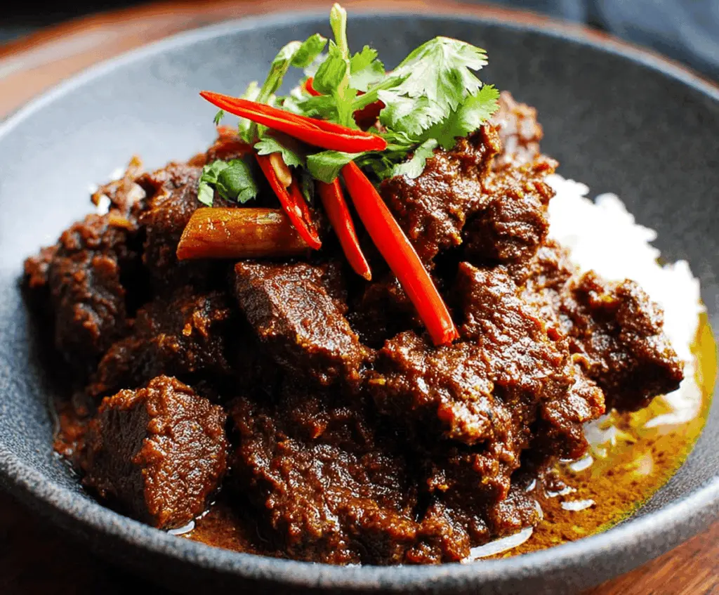 Rich and flavorful beef rendang in a traditional Indonesian curry, garnished with fresh herbs and aromatic spices.