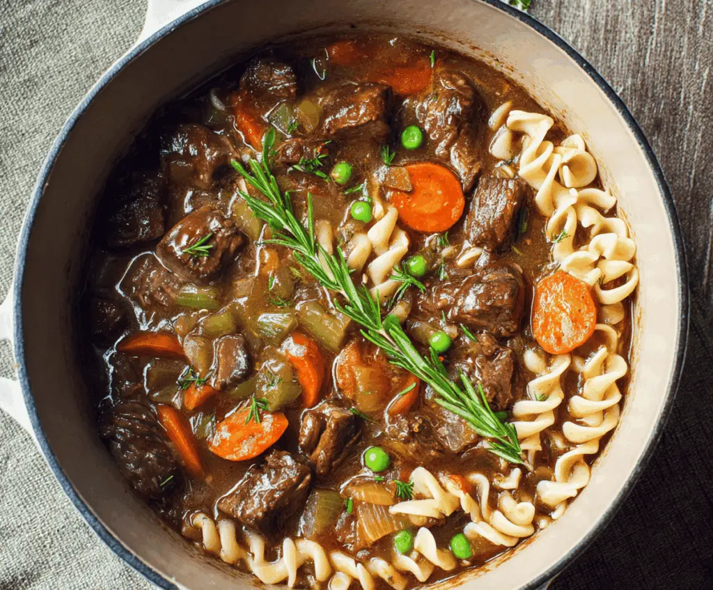 Hearty beef stew with tender meat, vegetables, and noodles served in a rustic bowl