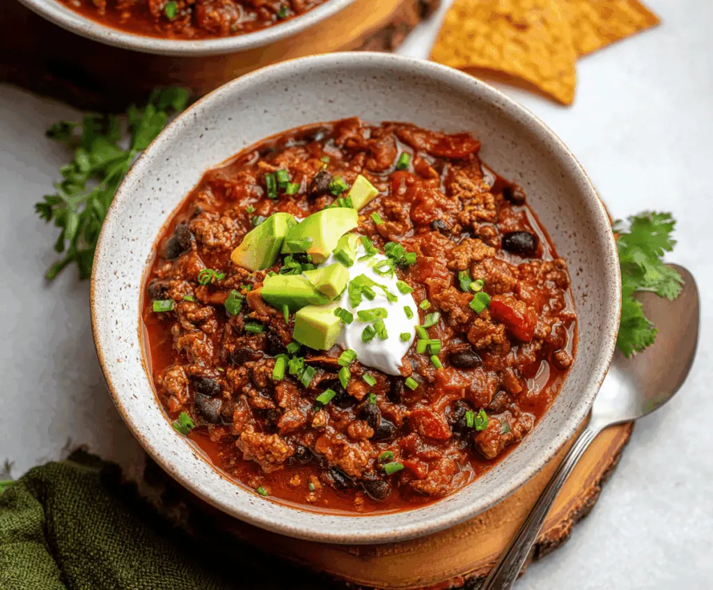 Hearty bowl of homemade bison chili topped with shredded cheese and fresh cilantro, served with cornbread on the side.