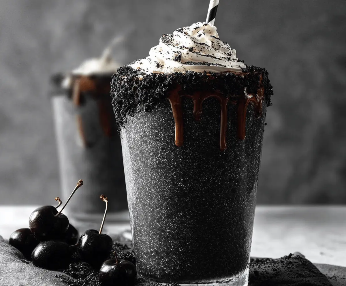 Creamy black milkshake topped with whipped cream and chocolate syrup in a tall glass, perfect for a delicious dessert treat.