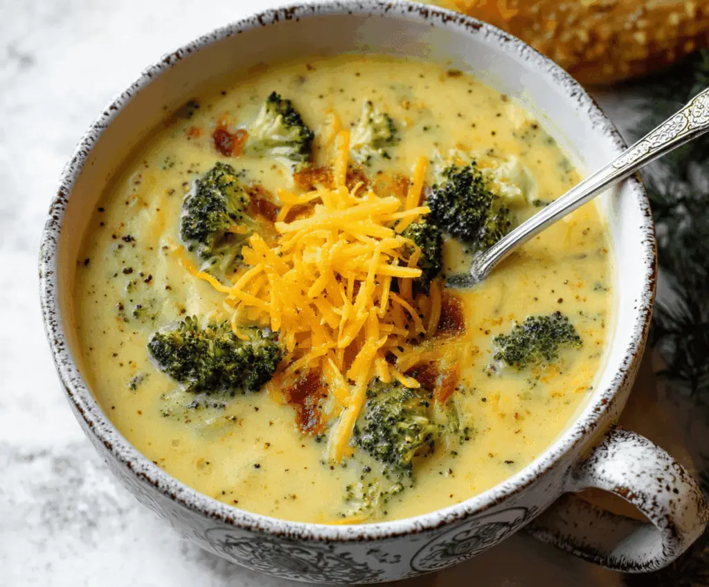 Creamy Broccoli Cheddar Potato Soup in a bowl, topped with shredded cheddar cheese and fresh broccoli florets, served with a bread roll on the side.