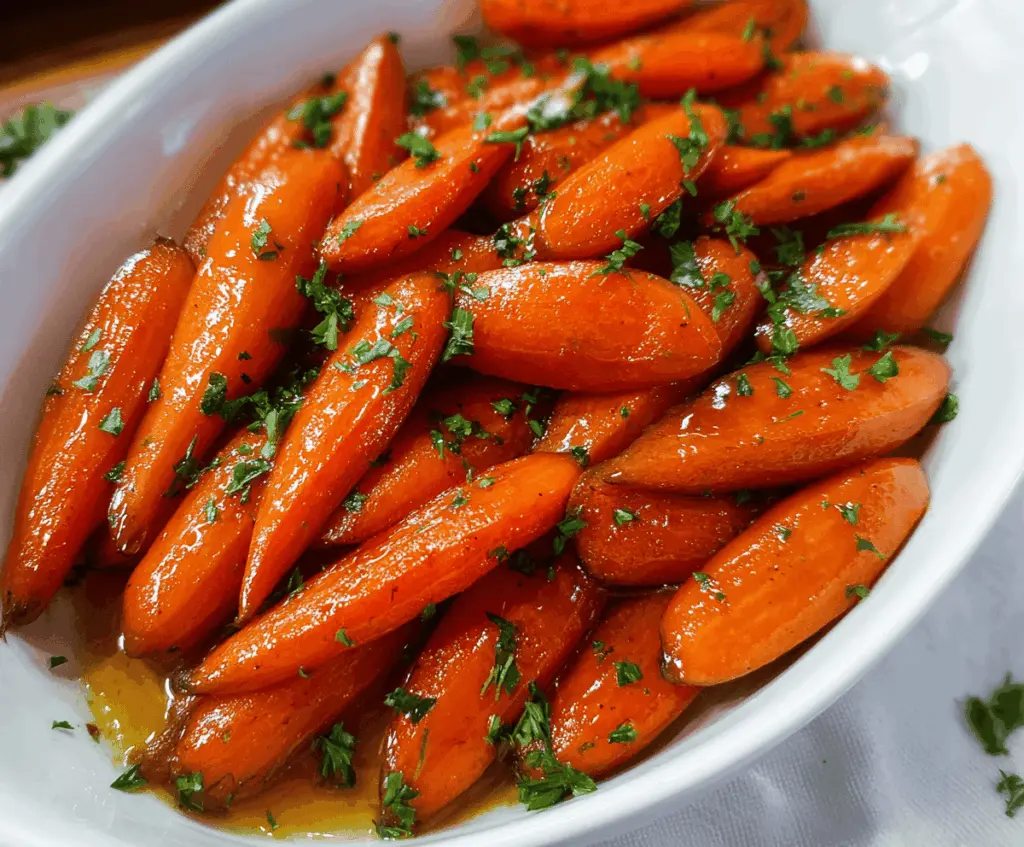 Sweet and tender carrots glazed with rich brown sugar, garnished with fresh herbs for a delicious side dish.