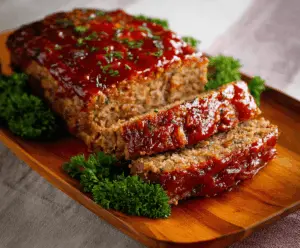 Juicy meatloaf glazed with brown sugar and ketchup served on a plate with fresh herbs
