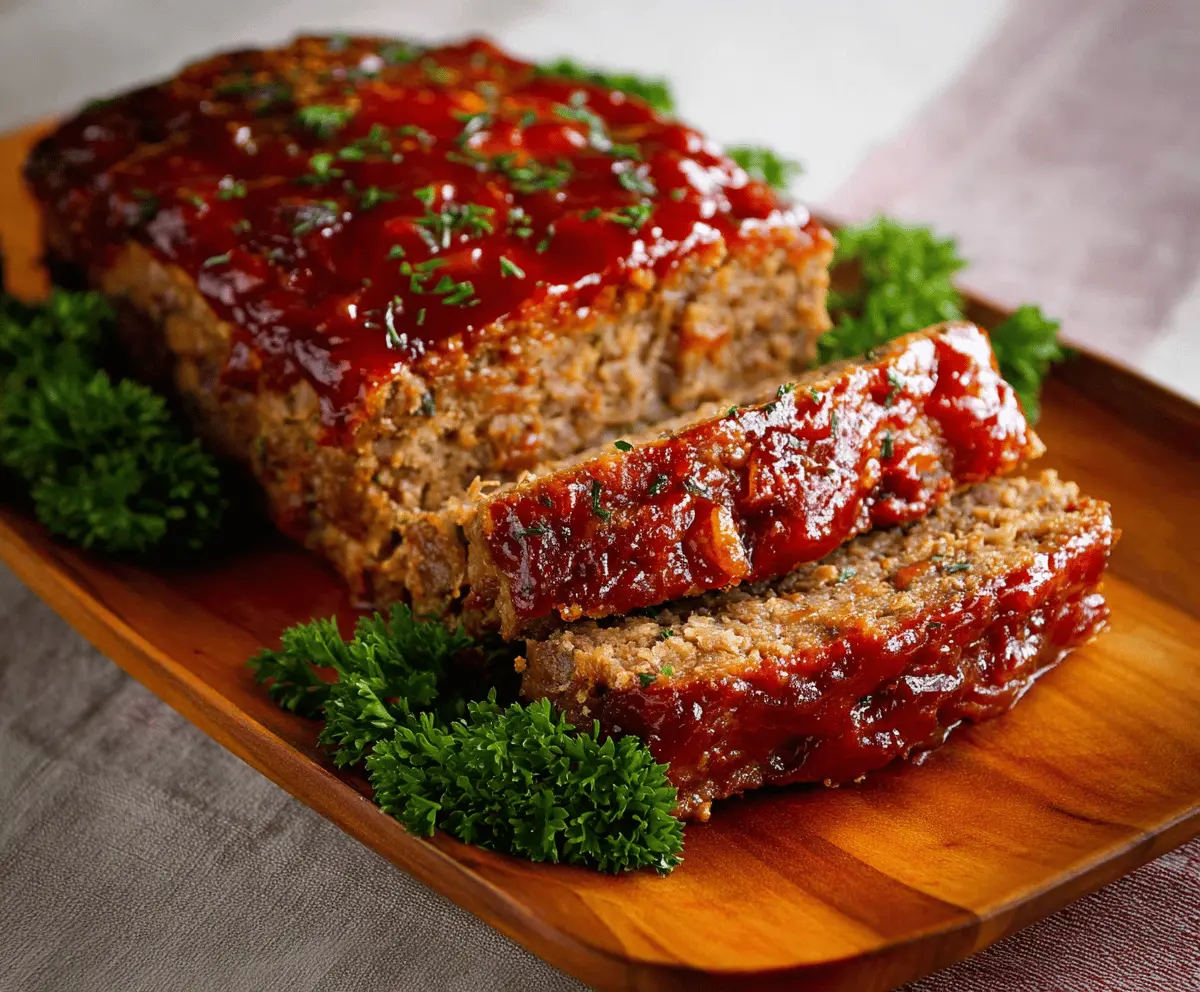 Juicy meatloaf glazed with brown sugar and ketchup served on a plate with fresh herbs