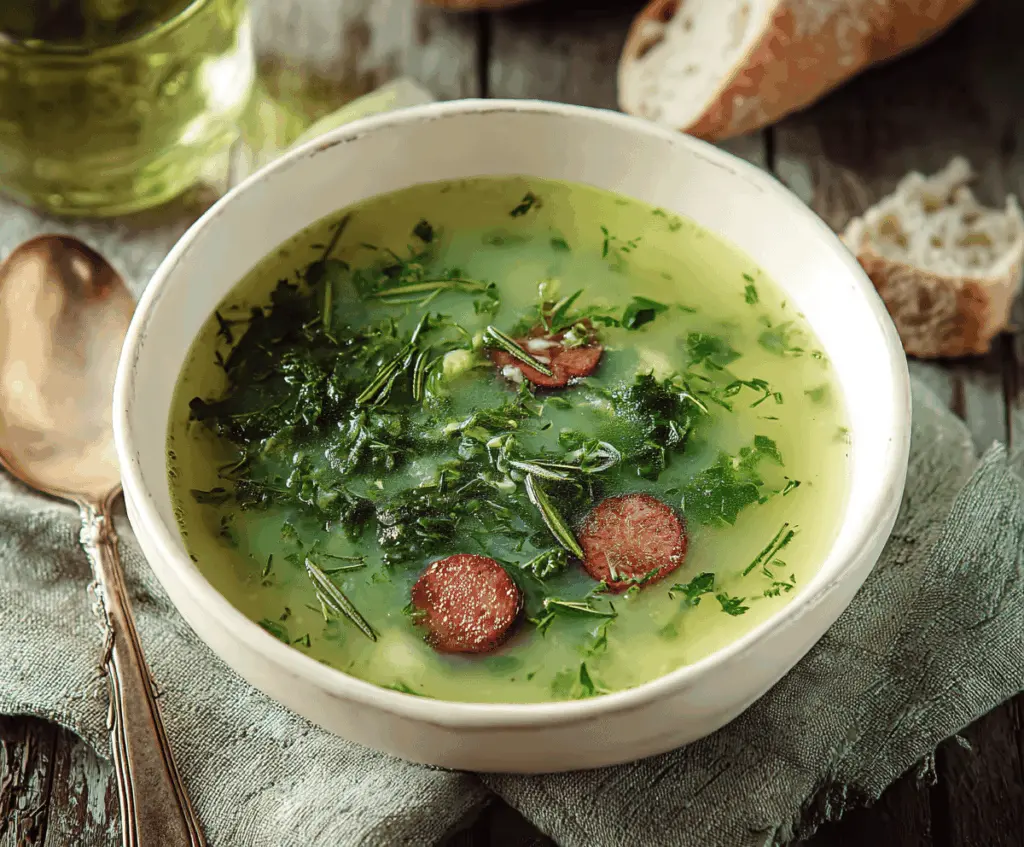 A bowl of traditional Caldo Verde soup featuring kale, potatoes, chorizo slices, and crusty bread on the side.