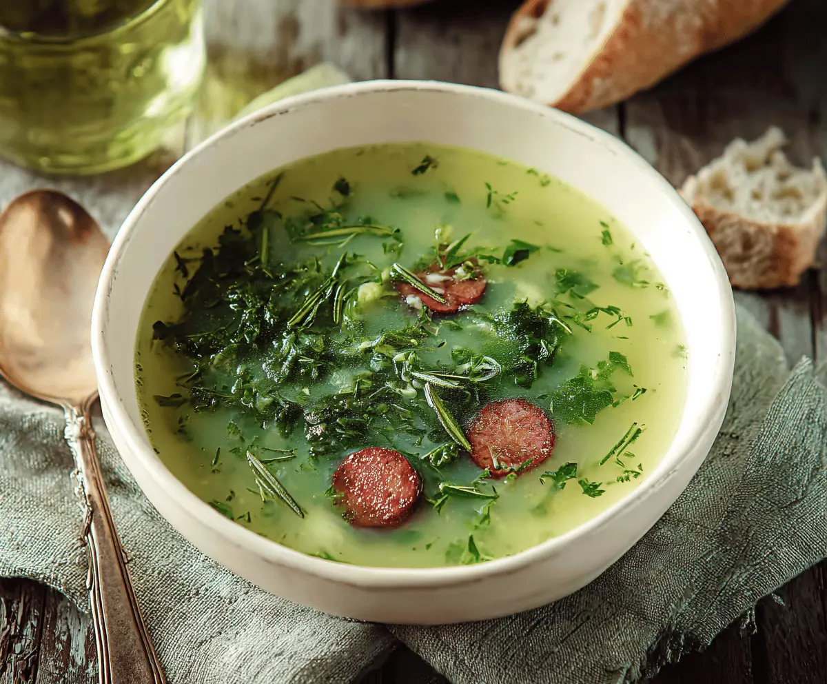 A bowl of traditional Caldo Verde soup featuring kale, potatoes, chorizo slices, and crusty bread on the side.