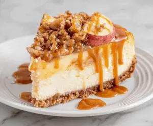 Delicious caramel apple cheesecake topped with caramel drizzle and fresh apple slices, perfect for dessert or fall celebrations.
