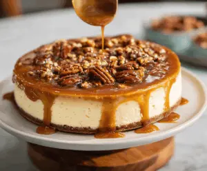 Creamy caramel pecan cheesecake topped with roasted pecans and caramel drizzle, served on a decorative plate.