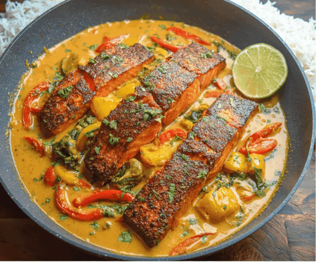 Creamy Caribbean Coconut Curry Salmon served with vibrant vegetables and fresh herbs, showcasing a flavorful tropical seafood dish.