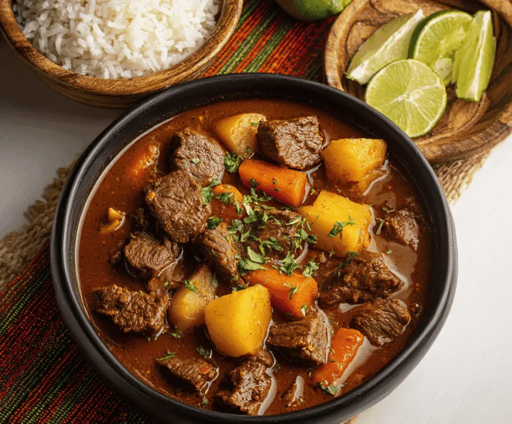 Savory Carne Guisada served with rice and vegetables, featuring tender beef stew with spices and flavorful gravy