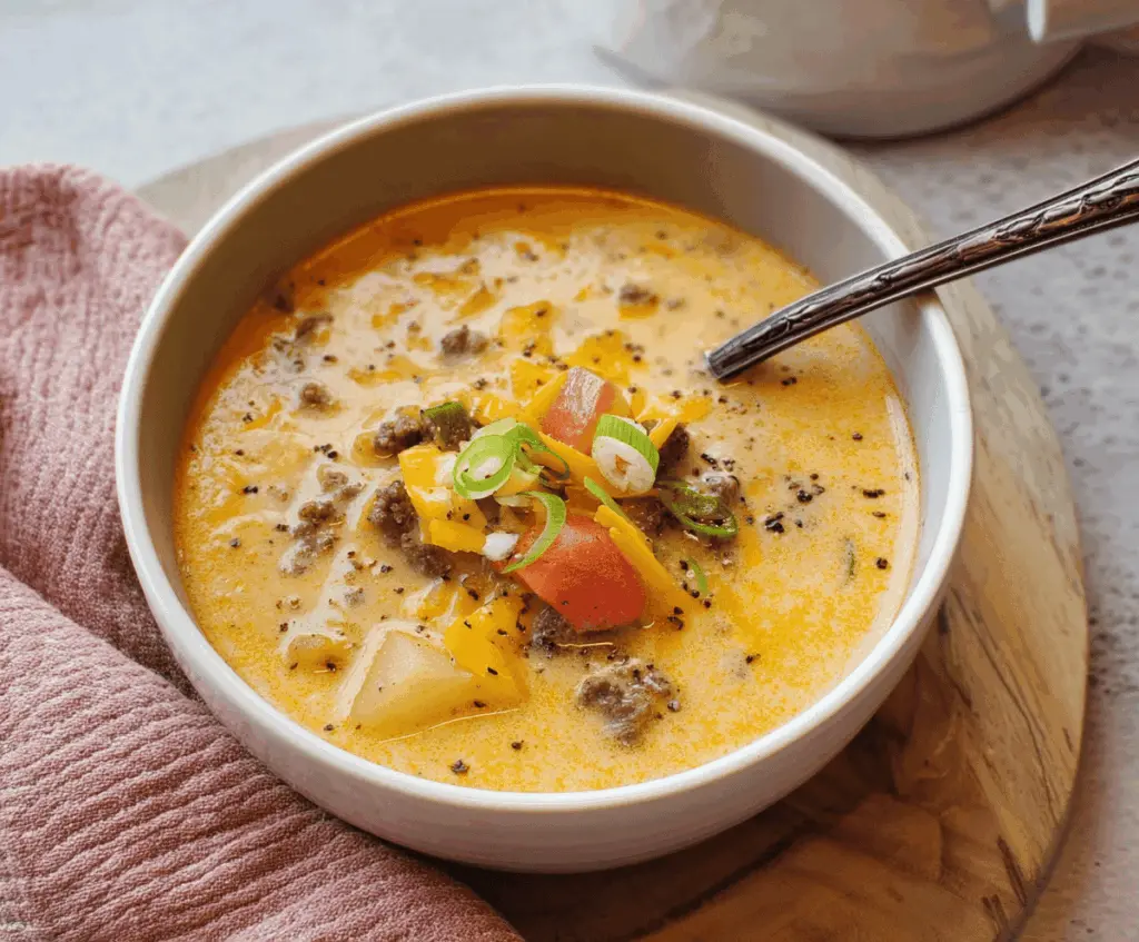 Creamy cheeseburger soup with ground beef, melted cheese, and fresh vegetables served in a bowl