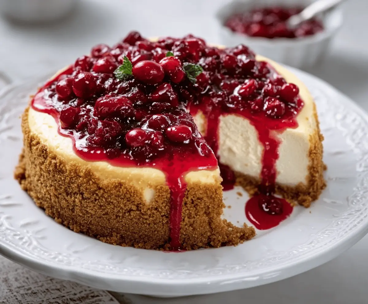 Delicious cheesecake topped with fresh cranberry sauce, perfect for dessert