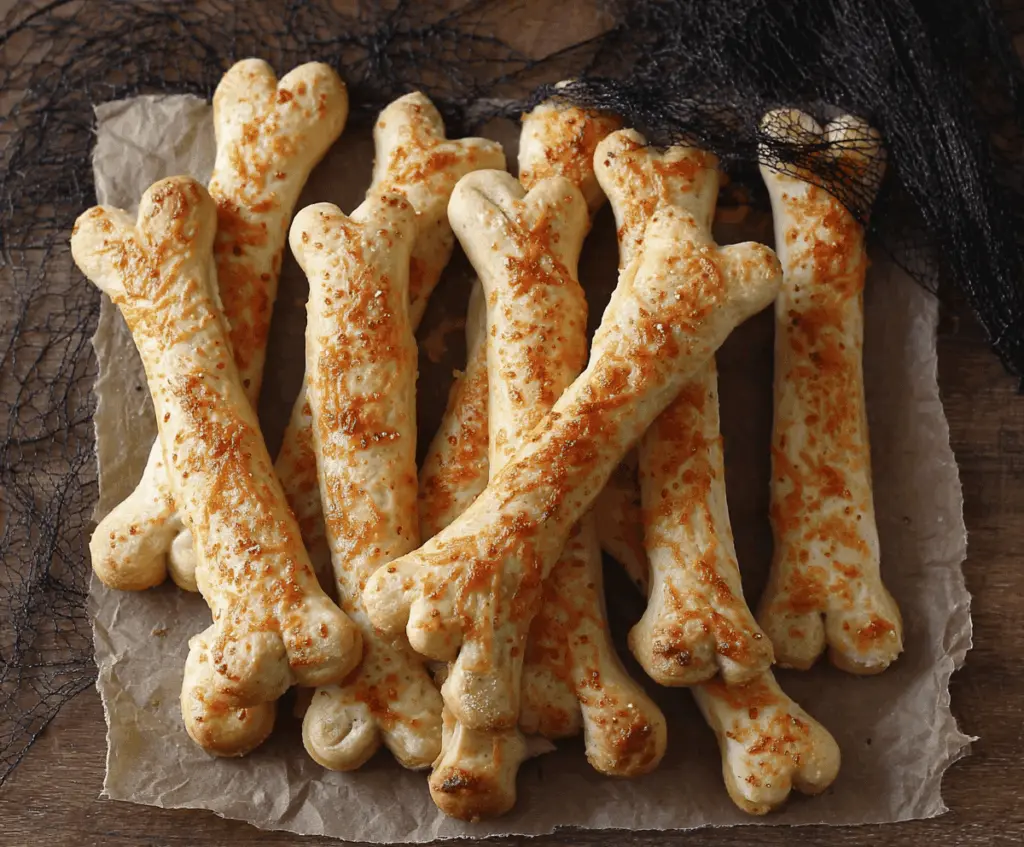 Cheesy Halloween breadstick bones with melted cheese and spooky presentation on a festive plate