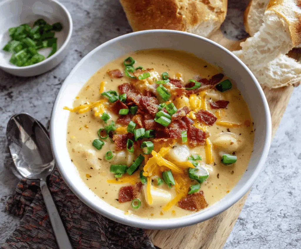 Creamy cheesy potato soup served in a bowl with melted cheese, chopped herbs, and crispy bacon garnish, perfect for a comforting meal.