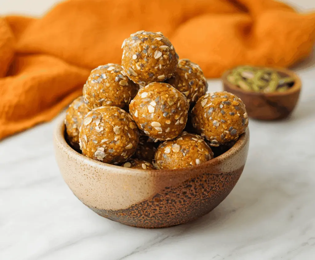Healthy chia pumpkin protein balls on a white plate, featuring a close-up of bite-sized energy bites with visible chia seeds and pumpkin puree, perfect for a nutritious snack.