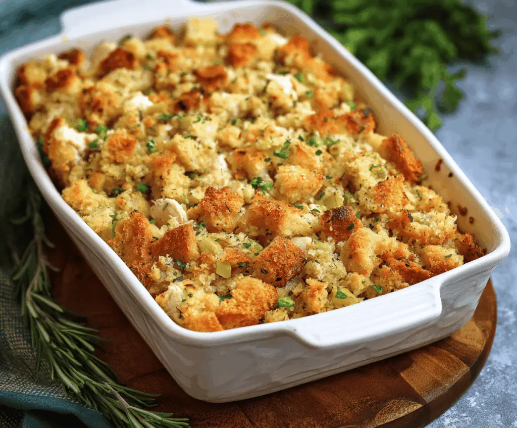 Delicious Chicken and Stuffing Casserole topped with golden brown stuffing and melted cheese, served hot on a plate