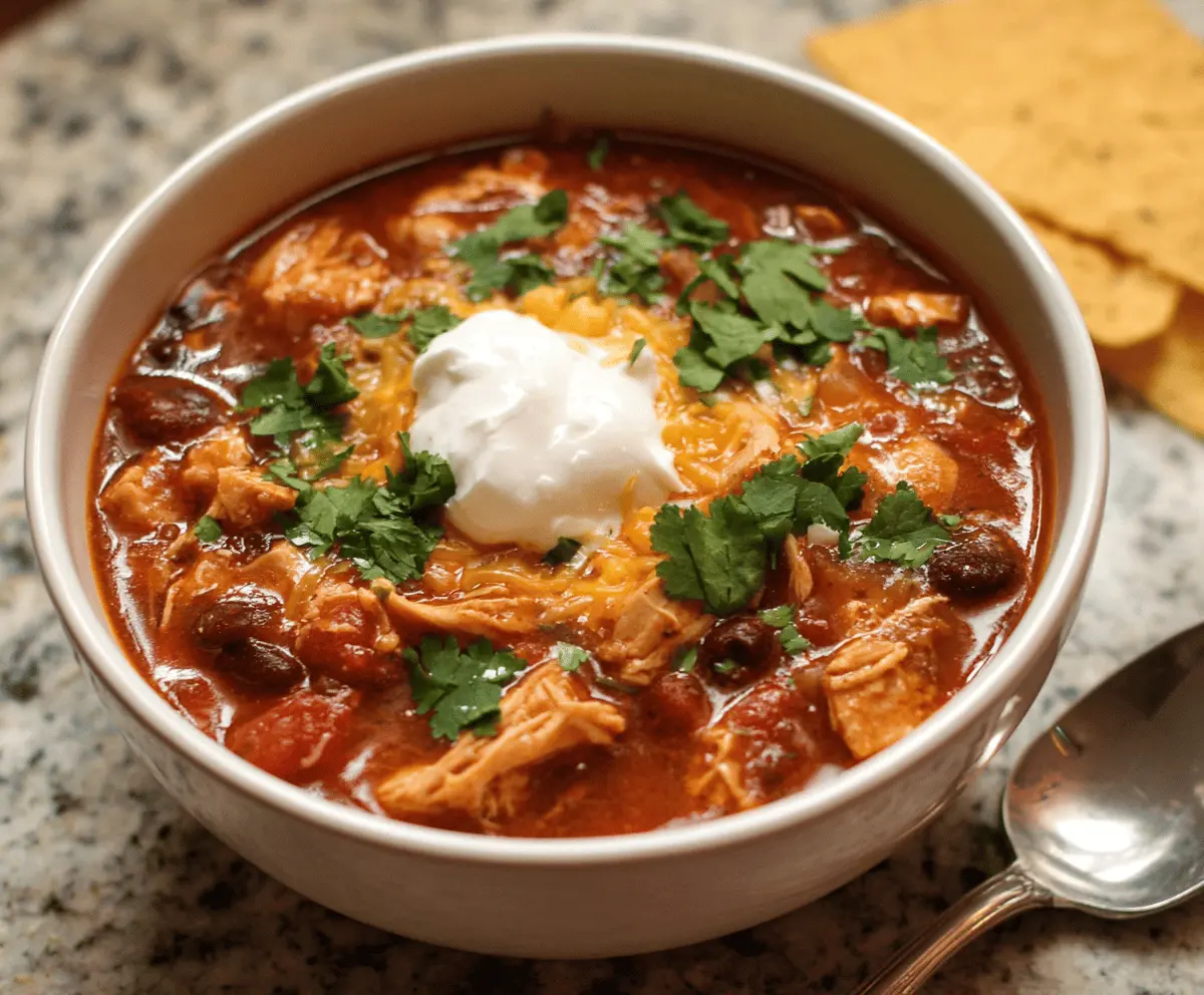 Delicious homemade chicken chili with beans, vegetables, and spices served in a bowl, perfect for a hearty and flavorful meal.
