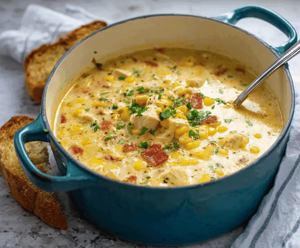 Creamy chicken corn chowder served in a bowl with fresh herbs, featuring tender chicken, sweet corn, and a rich, hearty broth.