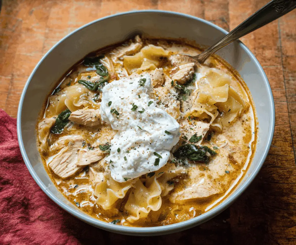 A bowl of hearty chicken lasagna soup with melted cheese, shredded chicken, pasta, and fresh herbs garnished for a delicious and comforting meal.