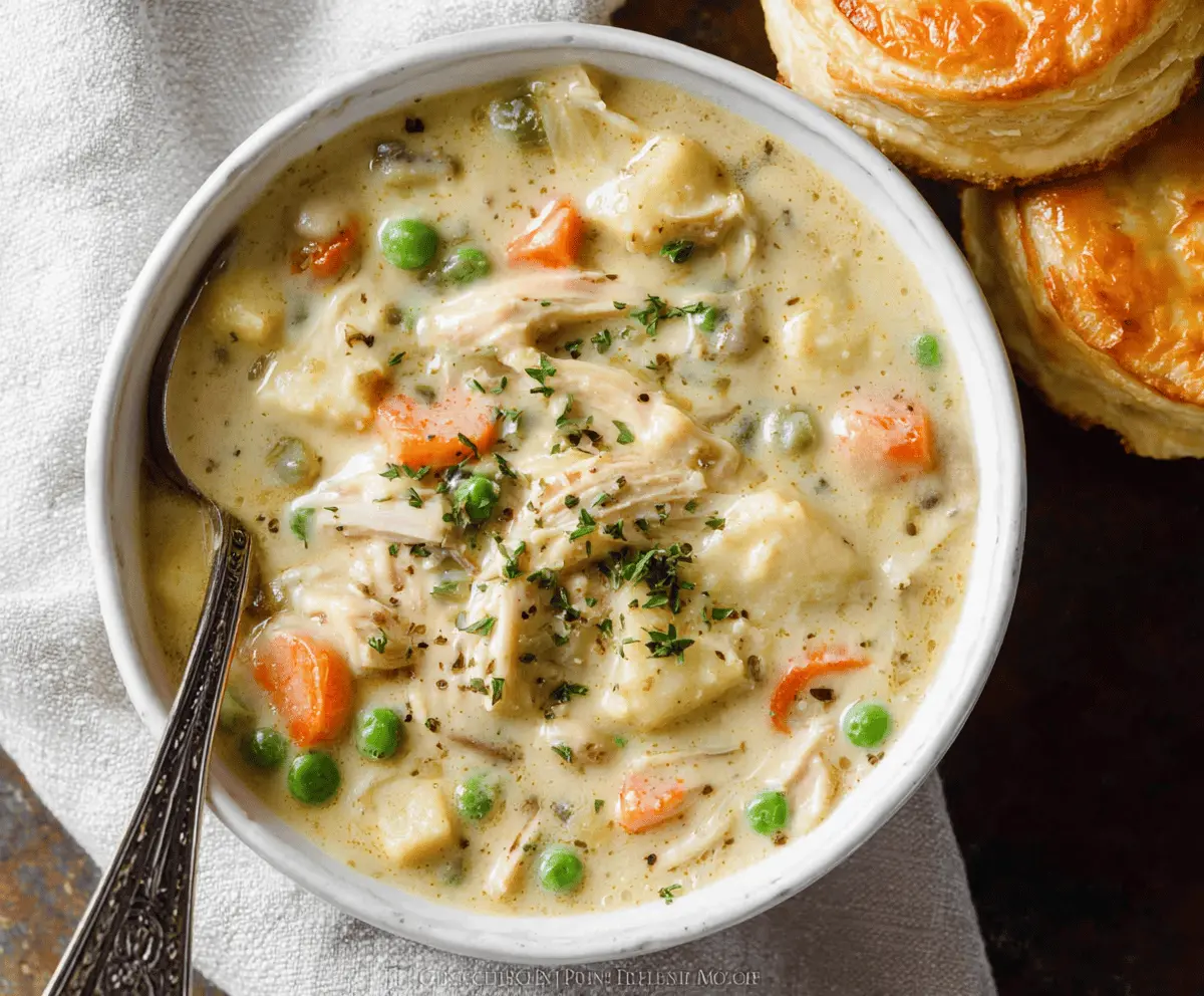Creamy Chicken Pot Pie Soup topped with golden crust and fresh herbs in a bowl, perfect for cozy comfort meals