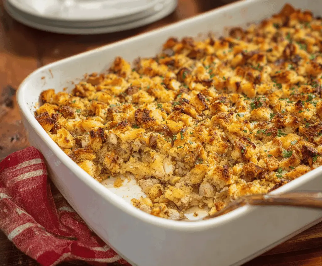 Creamy chicken and stuffing casserole topped with golden-brown crust, served in a baking dish, perfect for a comforting family dinner.
