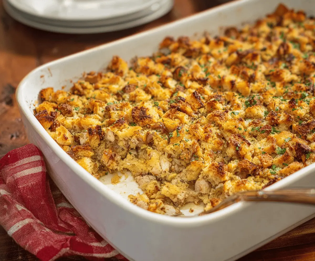 Creamy chicken and stuffing casserole topped with golden-brown crust, served in a baking dish, perfect for a comforting family dinner.