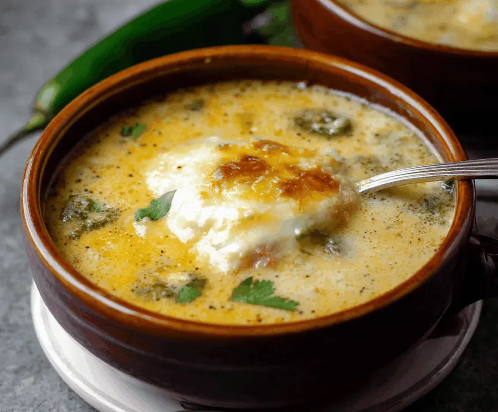 A bowl of flavorful Chile Relleno Soup garnished with fresh herbs and melted cheese, showcasing a rich, spicy Mexican-inspired dish.