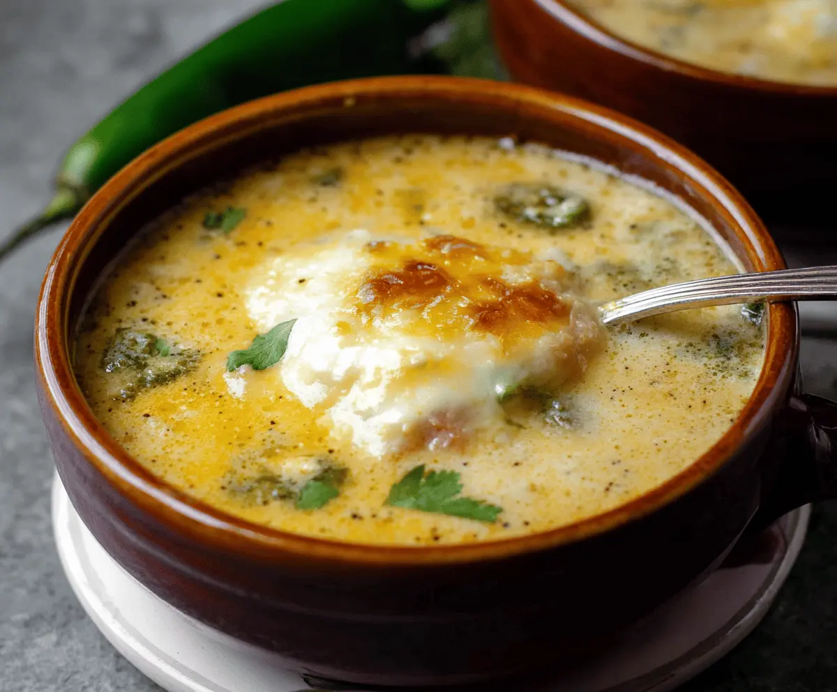 A bowl of flavorful Chile Relleno Soup garnished with fresh herbs and melted cheese, showcasing a rich, spicy Mexican-inspired dish.