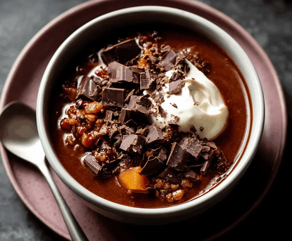 Delicious homemade chocolate chili in a bowl topped with fresh herbs and melted cheese, ready to serve.