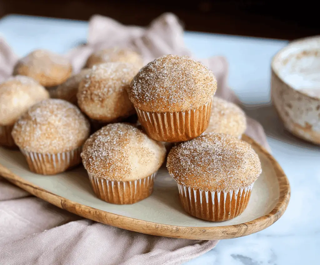 Delicious cinnamon sugar donut muffins topped with cinnamon sugar coating, perfect for breakfast or snacks.
