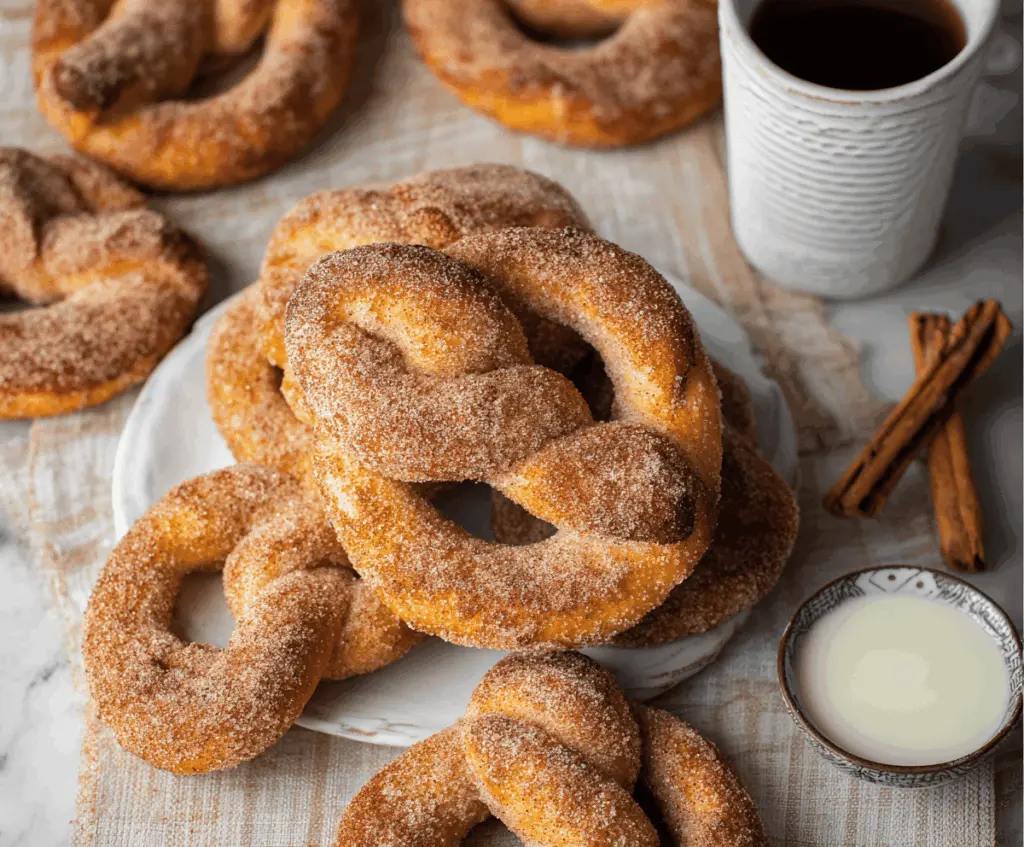 Delicious homemade cinnamon sugar soft pretzels garnished with a sprinkle of cinnamon sugar, served on a rustic wooden surface