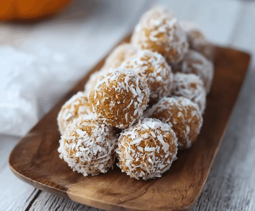 Delicious coconut pumpkin protein balls on a white plate, ready as a healthy snack or energy bite, featuring shredded coconut, pumpkin puree, and protein powder.