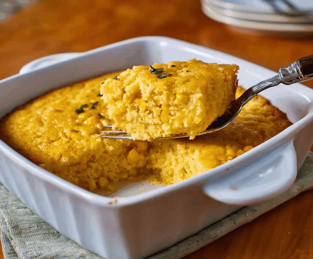Delicious homemade corn casserole topped with melted butter and fresh herbs.