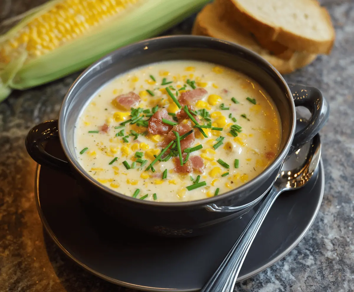 Creamy corn chowder in a bowl garnished with fresh herbs, served with crusty bread on a rustic wooden table.
