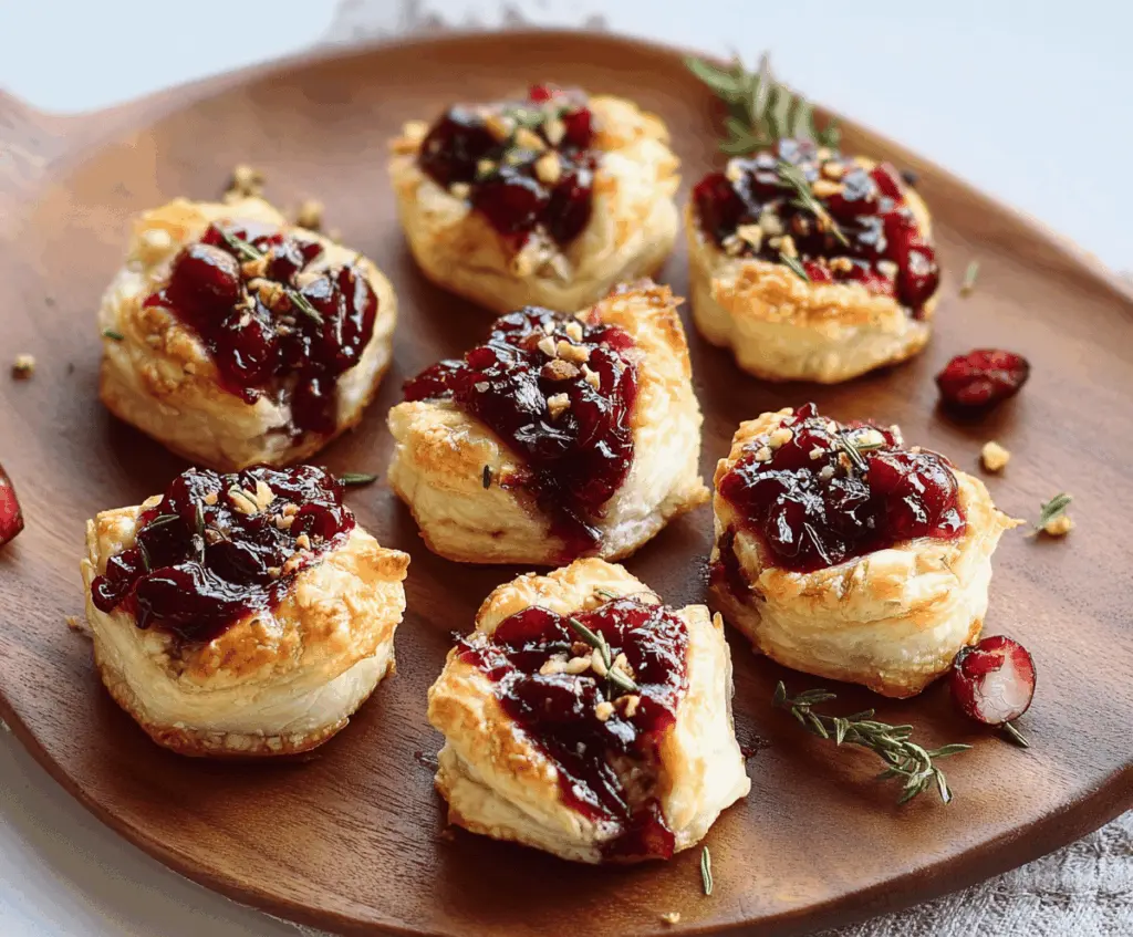Delicious Cranberry Brie Bites topped with fresh cranberries and herbs, perfect for holiday appetizers and parties.