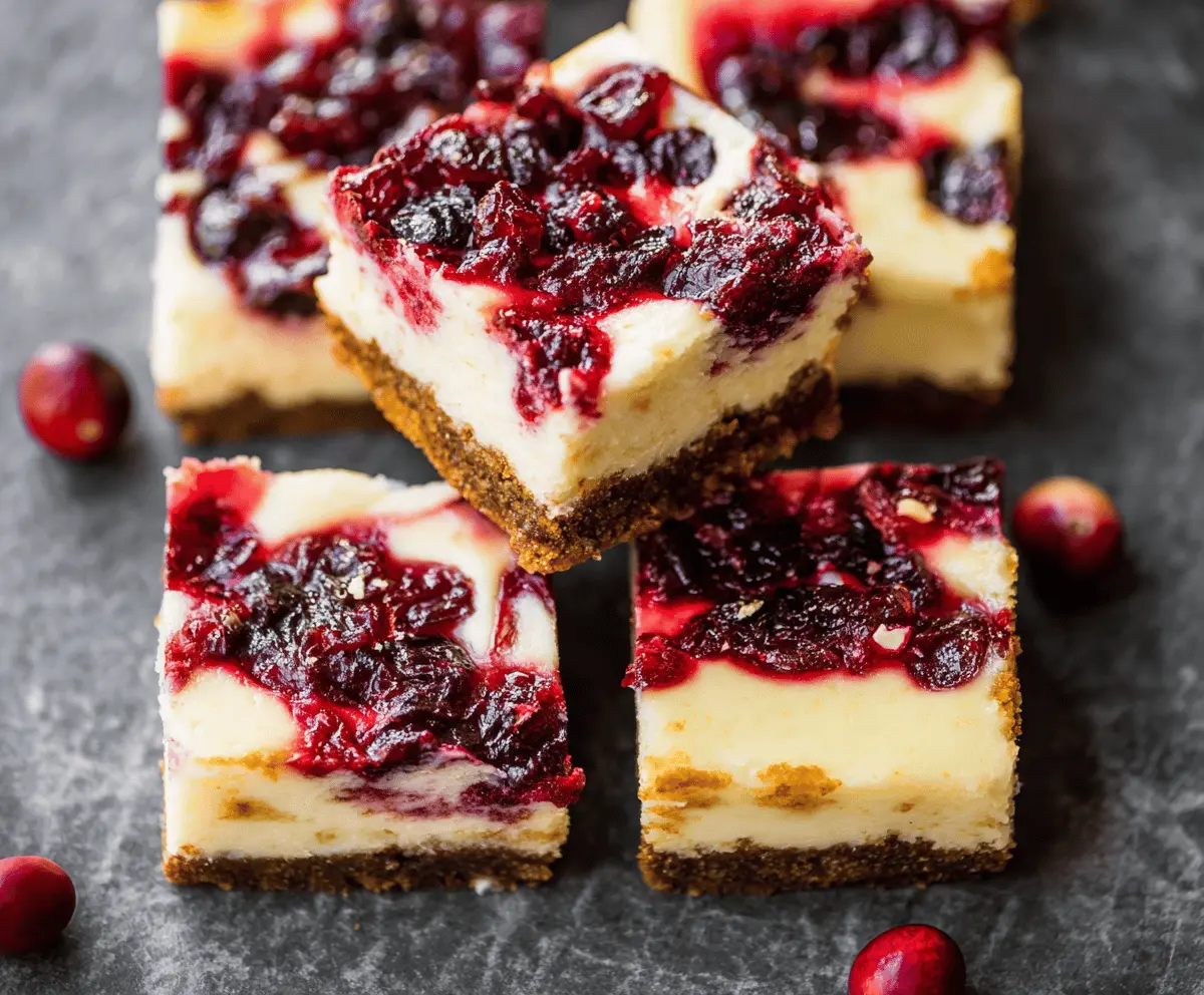 Delicious cranberry cheesecake bars with a creamy topping and a crunchy crust on a white plate.