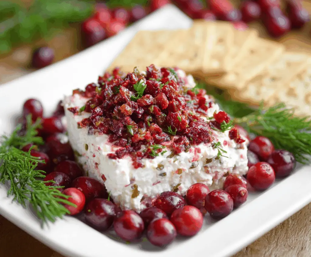 Creamy cranberry jalapeño dip served with fresh vegetables and chips, featuring vibrant red cranberries, green jalapeños, and colorful accompaniments for a festive appetizer