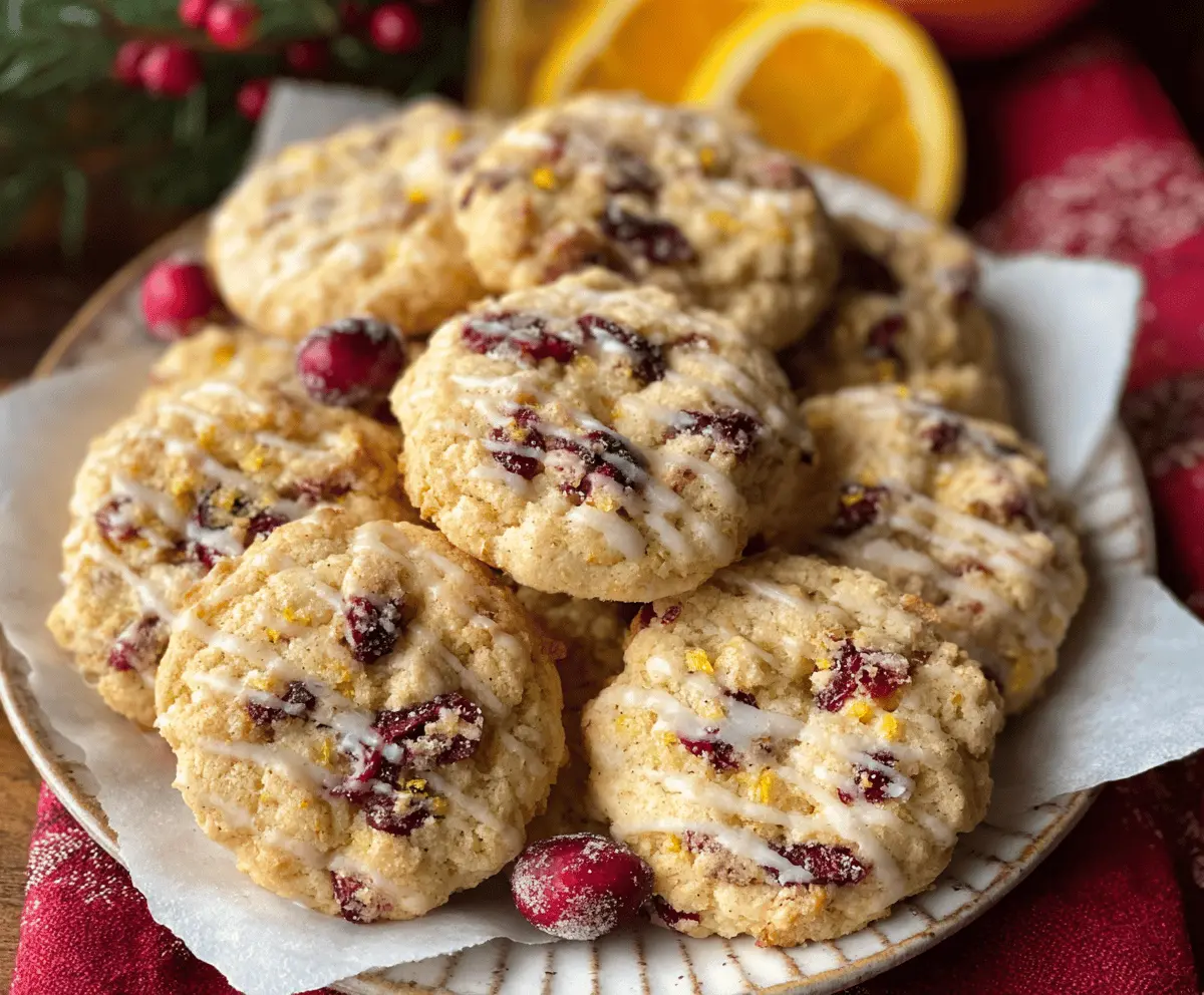 Golden-brown cranberry orange cookies with orange zest and fresh cranberries on a white plate, perfect for holiday baking