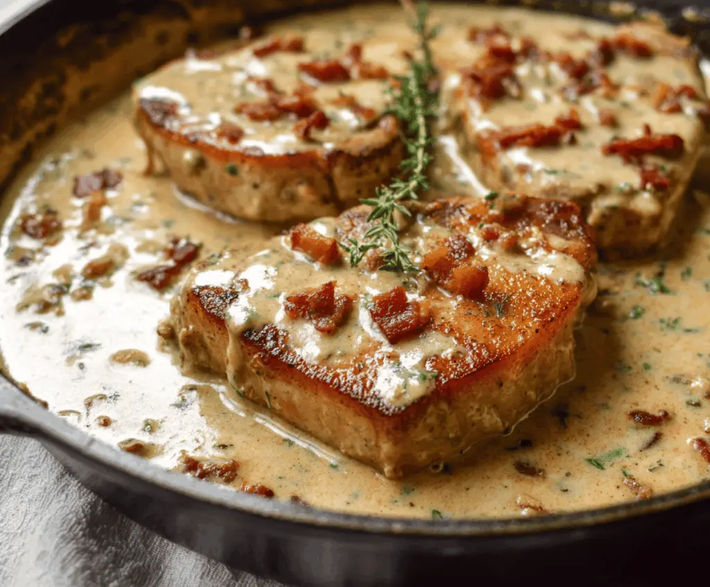 Creamy bacon pork chops served with a rich sauce, garnished with herbs and crispy bacon bits on a white plate.