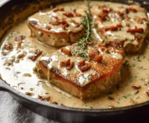 Creamy bacon pork chops served with a rich sauce, garnished with herbs and crispy bacon bits on a white plate.