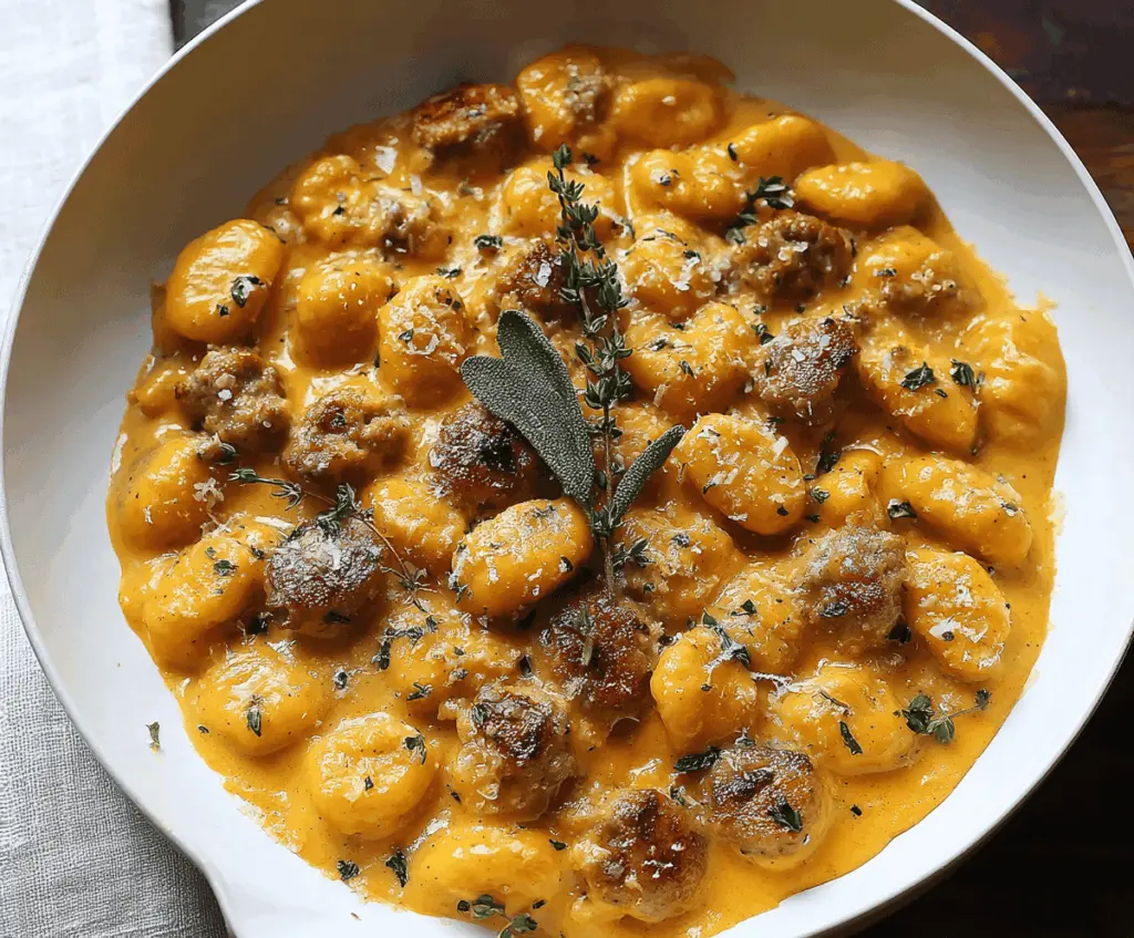 Creamy butternut squash gnocchi with sausage, sage, and parmesan cheese on a serving plate—delicious autumn-inspired recipe