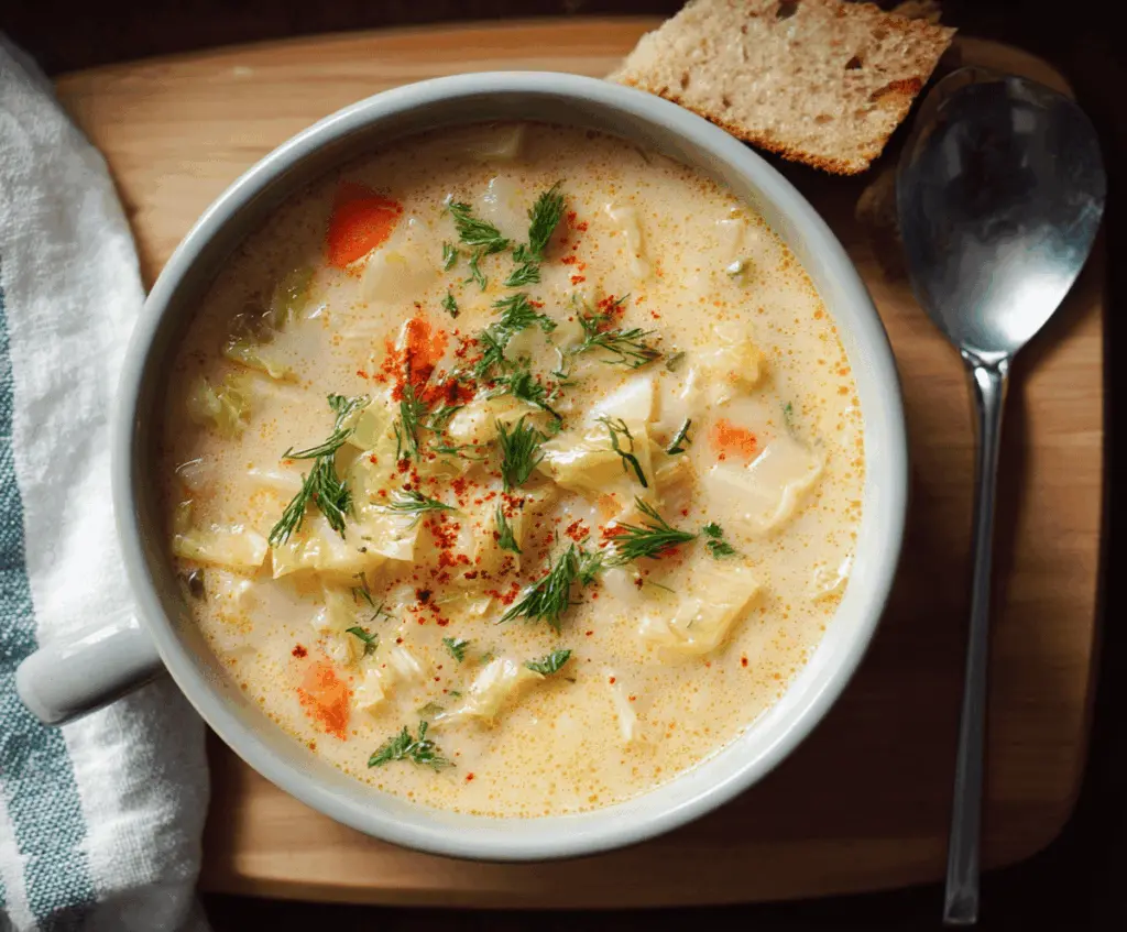 A bowl of creamy cabbage soup garnished with fresh herbs, served with crusty bread on a rustic wooden table.